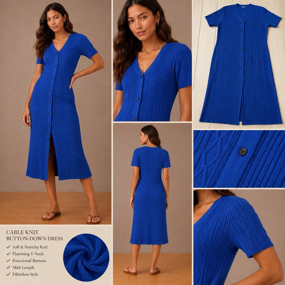 Misook Royal Blue Cable Knit Button Down V-Neck Midi Dress Womens Large RN73924